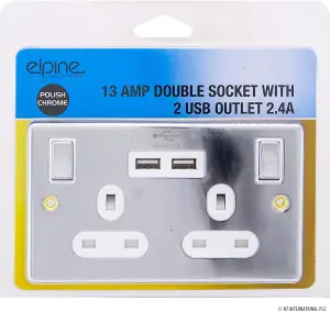 New 13 Amp Chrome Polish Socket Double Switch Usb Plug 2 Gang Power Electric