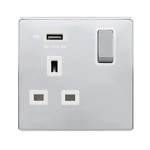 Polished Chrome Screwless Plate 1 Gang 13A DP Ingot 1 USB Switched Plug Socket - White Trim - SE Home