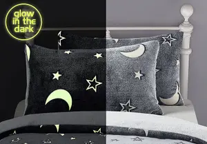 Moons & Stars Glow In The Dark Grey Kids Boys Girls Grey Reverse Soft Feel Fleece Duvet Cover Quilt Bedding Set with Pillowcases