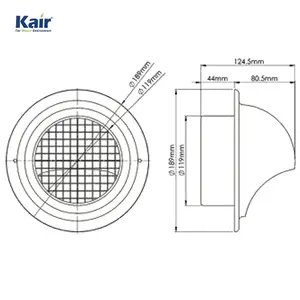 Kair Bull-Nose External Vent 125mm - 5 inch Rear Spigot Stainless Steel Grille with Wire Mesh and Drip Deflector