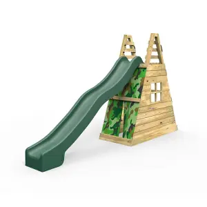 Rebo Children's Wooden Free Standing 10ft Kids Water Slide with Adventure Wall and Den - Green