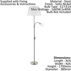 Floor Lamp Light Satin Nickel Shade White Fabric Glass Bulb E27&E14 1x60W/1x40W