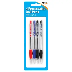 Tiger Retractable Easy Grip Ball Point Pens (Pack of 4) Blue/Black/Red (One Size)