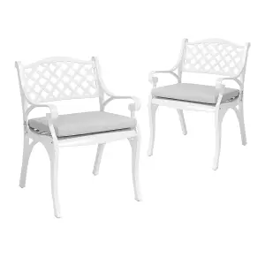 Set of 2 White Retro Curved Seat Cast Aluminum Garden Chairs Patio Dining Armchair Set with Cushions