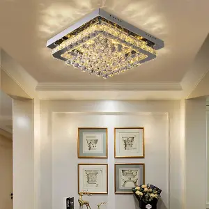 Modern Square Fancy Chrome Crystal LED Flush Mount Ceiling Light Fixture Chandelier 40cm, Dimmable