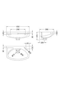 Cloakroom Wall Hung 1 Tap Hole Oval Ceramic Basin with Overflow - 450mm