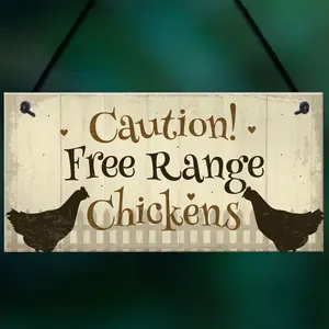 Red Ocean Caution Free Range Chickens Garden Signs Funny Novelty Hanging Sign Chicken Hen Sign