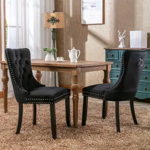 Set of 4 Lux Black Velvet Upholstered Kitchen Dining Chairs with Pull Knocker Wing Back Bedroom Office Chairs