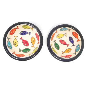 Signature Coloured Fish Hand Painted Ceramic Set of 4 Tapas Bowls Blue Rim (Diam) 12cm