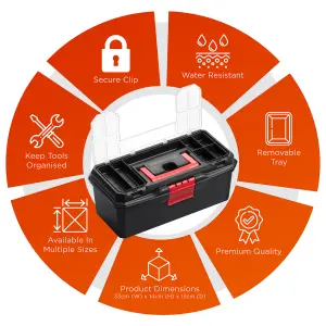 Hardys 13" Small Plastic Tool Box Organiser - 12 Compartment Tool Chest, Removable Tote Tray, Fixing & Fastenings Storage Case