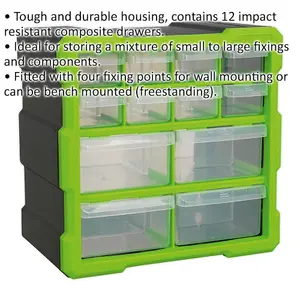 260 x 160 x 265mm 12 Drawer Parts Cabinet - GREEN - Wall Mounted / Standing Box