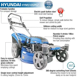 Hyundai 20"/51cm 196cc Electric-Start Self-Propelled Petrol Lawnmower HYM510SPEZ