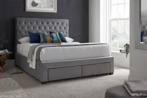 Vindolanda Storage Bed Frame with Drawers Silver Grey Velvet Fabric