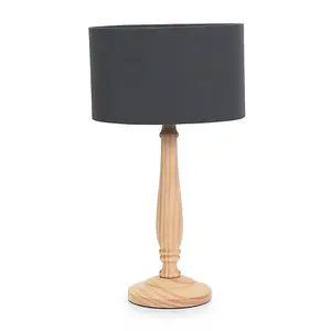 ValueLights Victoria Traditional Light Wood Candlestick Table Lamp with Charcoal Drum Shade