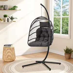 Black Foldable Rattan Egg Swing Chair Garden Relaxing Hanging Chair with Metal Stand and Cushions 195 cm