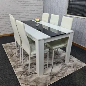 Dining set of 6 Kitchen Dining Table and 6 Chairs White and Black Wood Dining Table with 6 white metal Chairs Kosy Koala