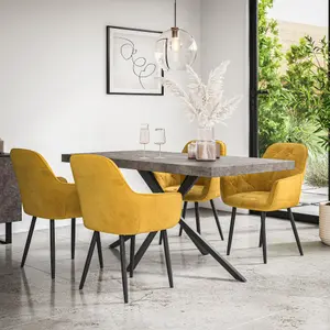 Donni Dining Table And Chairs -  Concrete Effect Table Top w Black Legs + Anika Velvet Dining Chair Set Of 6 (Mustard)