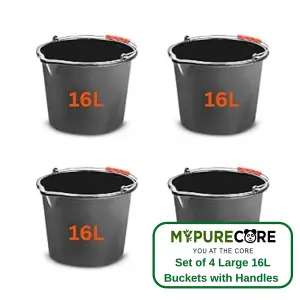 Set of 4 16L Gallon Black Plastic Bucket with Handles -Sturdy Water Bucket Big Bucket with Measuring - Ideal for Home and Garden