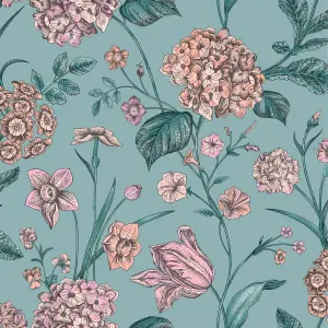 Rasch Hydrangea Garden Flowers Teal Green Floral Wallpaper 260155