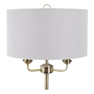 First Choice Lighting Pair of 3 Light Antique Brass Floor Standard Light with Grey Fabric Shade