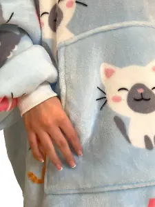 Urban Unique Kitties Sherpa Fleece Hoodie Blanket/Throw Blue Oversized