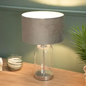 ValueLights Jessy Glass and Silver Chrome Metal Bedside Table Lamp with a Grey Velvet Lampshade