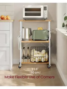 VASAGLE Kitchen Shelf On Wheels, Serving Trolley With 3 Shelves, Microwave Shelf, For Mini Oven, Toaster, With 6 Hooks