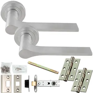 Door Handle & Latch Pack - Satin Chrome - Slim Modern Lever On Round Rose