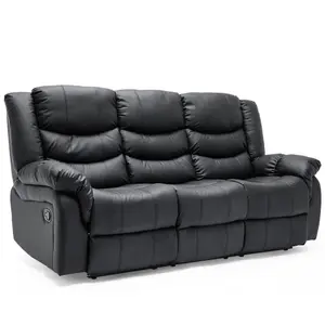 Seattle Manual High Back Bonded Leather Recliner 3 Seater Sofa (Black)