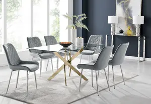 Furniturebox UK Leonardo 6 Gold Dining Table and 6 Grey Pesaro Silver Leg Chairs