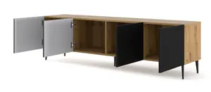 Ravenna B TV Stand in Oak Artisan with Black Legs - Milled Foil Finish MDF - Sleek Metal Framed Design - D420mm x H560mm x 2000mm