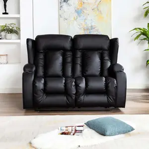 Caesar Manual High Back Luxury Bond Grade Leather Recliner 2 Seater Sofa (Black)