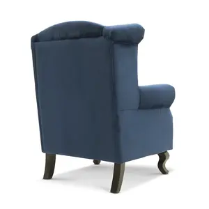 Velvet Wing Back Fireside Henley Chair Armchair with Buttons Navy Blue