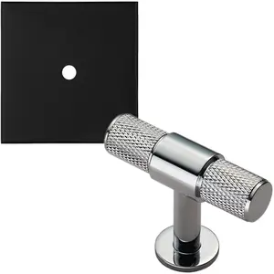 Cabinet Door Knob & Contrasting Backplate Set - Knurled T Bar Pull - Polished Chrome & Black