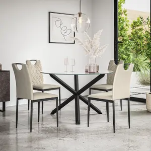 Malvern Round Dining Table And Chairs -  Clear Glass Table Top w Solid Oak Black Legs + Monza Fabric Dining Chair Set Of 4 (Beige)