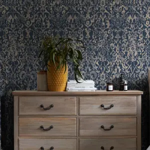 Next Majestic damask Navy Metallic effect Smooth Wallpaper