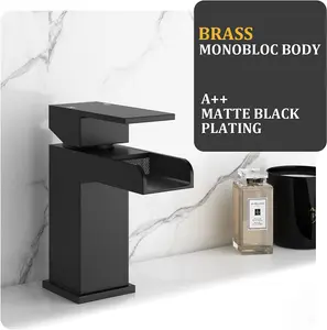 BATHWEST Matte Black Waterfall Square Basin Taps with Pop Up Waste Basin Mixer Taps with Drain Monobloc