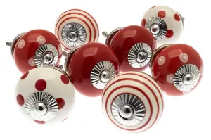 MangoTreeKnobs - Mixed Set of 8 Red & White Spots and Stripes Ceramic Cupboard Knobs / door knobs / drawer knobs by MangoTreeKnobs