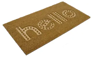 A.Unique Home 15mm Natural Coir Doormat with Printed Pattern 40cm x 80cm - Non-Slip PVC Backed - HELLO EMBOSSED MAT