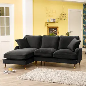 Mackenzie 217cm Wide Burnt Ebony Black Left Hand Facing Velvet Fabric Corner Sofa with 160cm Deep Chaise