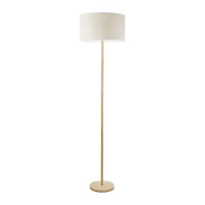 ValueLights Heather Light Wood Stem Floor Lamp with Natural White Trim Drum Shade and LED Bulb