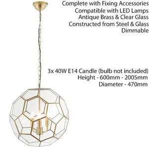 Multi Light Ceiling Pendant 3 Bulb ANTIQUE BRASS & GLASS Large Modern Lamp Shade