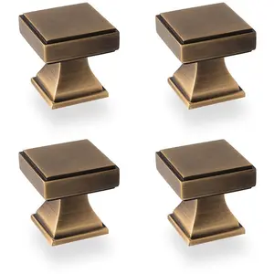 4 PACK - Chunky Square Cupboard Door Knob - 30mm - Antique Brass Kitchen Pull Handle