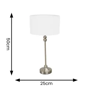 ValueLights Maggie Brushed Chrome Candlestick Table Lamp with White Fabric Drum Shade and LED Bulb