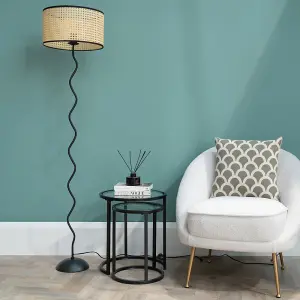 ValueLights Black Metal Wavy Stem Floor Lamp with a Natural Cane Wicker Black Trim Shade - Bulb Included