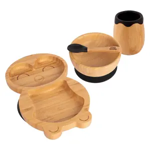 Tiny Dining - Penguin Bamboo Suction Baby Feeding Set - Black - 4pc