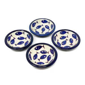 Signature Blue & White Fish Hand Painted Ceramic Set of 4 Tapas Food Bowls (Diam) 10cm