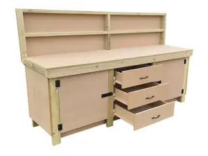 Wooden work bench with drawers and double lockable cupboard (V.8) (H-90cm, D-70cm, L-210cm) with back panel