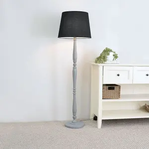 ValueLights Victoria Traditional Grey Wood Candlestick Floor Lamp with Black Tapered Shade