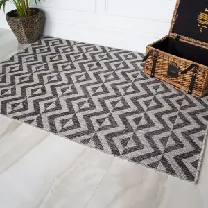 Charcoal Grey Geometric Flatweave Indoor Outdoor Rug 120x170cm